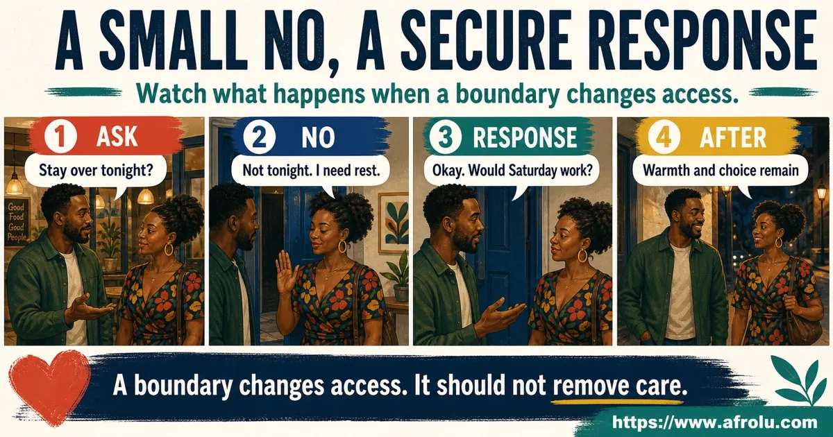Illustrated secure response to a declined sleepover showing an invitation, a clear no, respectful acceptance, and continued warmth