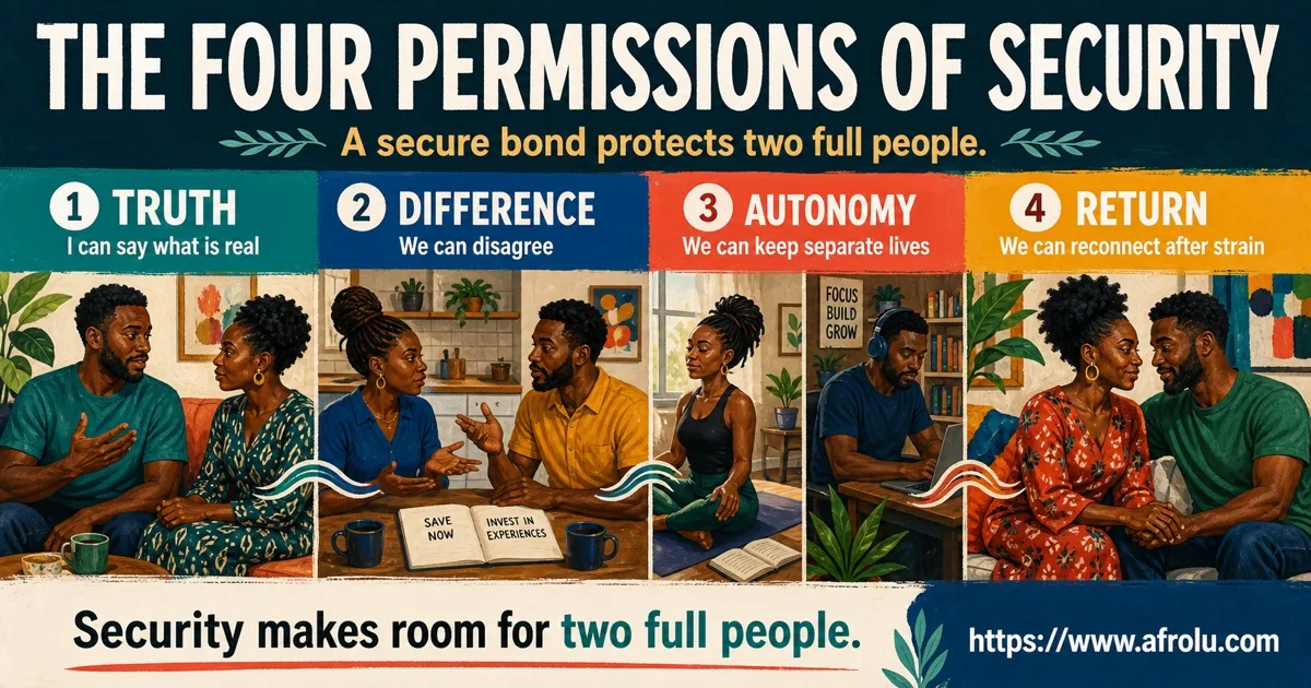 Four permissions of a secure relationship showing truth, difference, autonomy, and return after strain