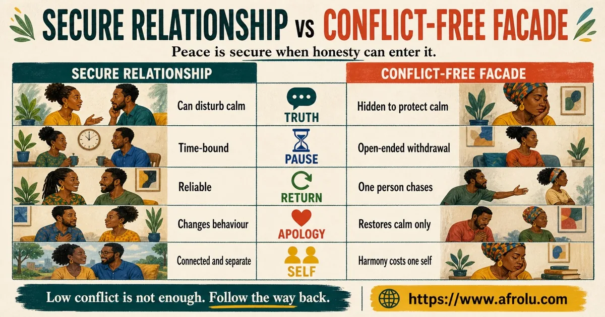 Secure relationship versus conflict-free facade comparison across truth, pauses, return, apology, and sense of self