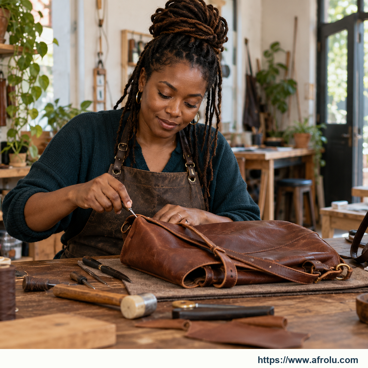 An adult restoring a leather bag at an open community repair studio, with tools and an independent bag in view.
