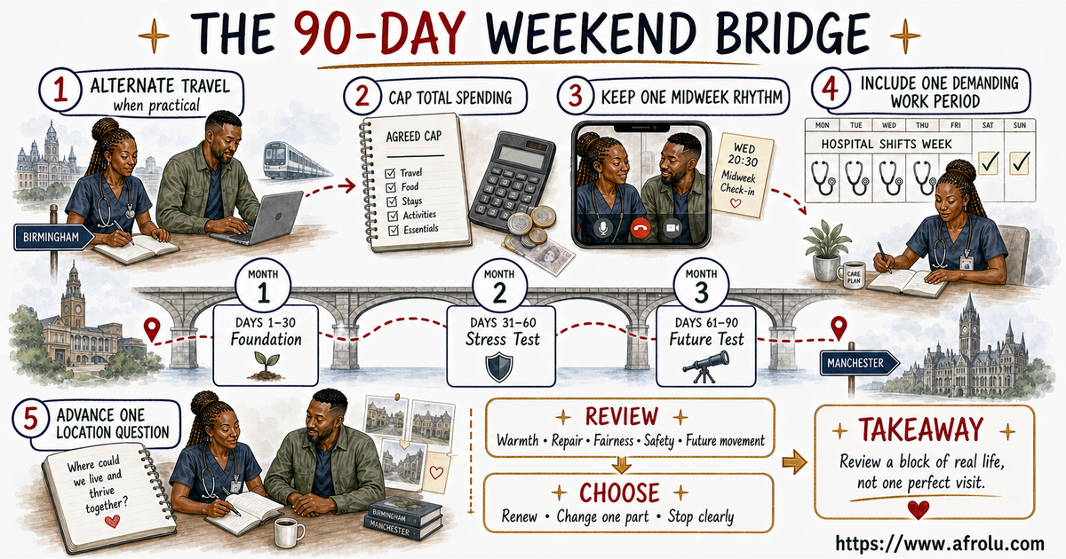 A 90-day illustrated bridge helps Zanele and Chinedu alternate travel, cap spending, keep a midweek rhythm, include a demanding shift week and research location.