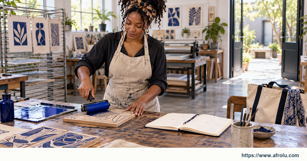 An adult rolling ink on a blank pattern block in a public printmaking studio.