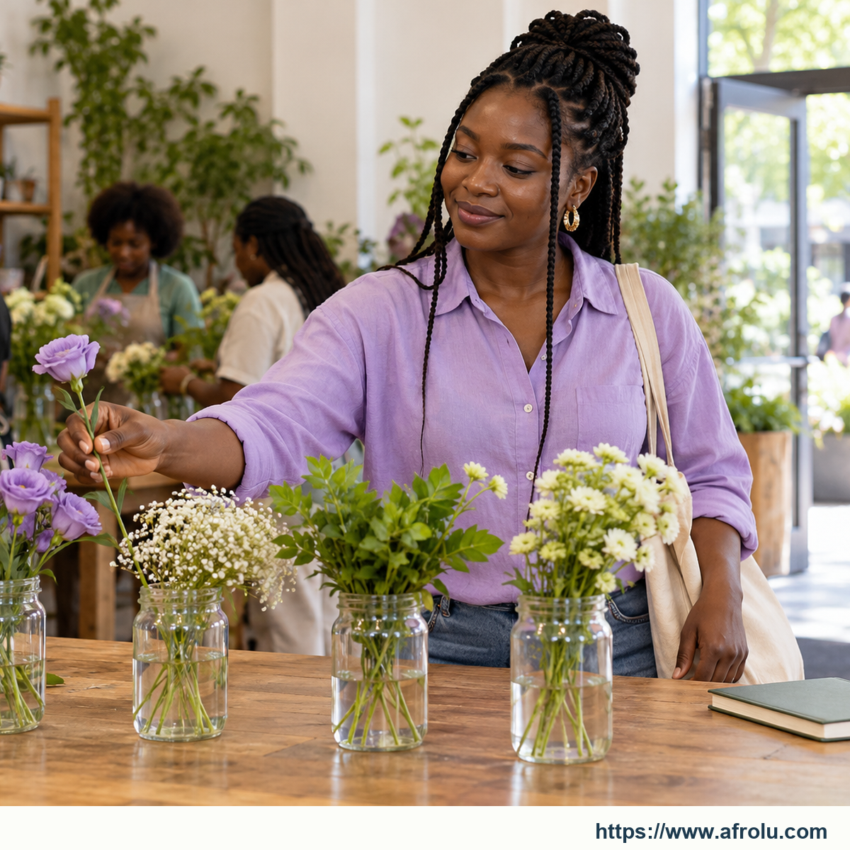 An adult selects one unlabelled stem in a daylight public flower-arranging studio.