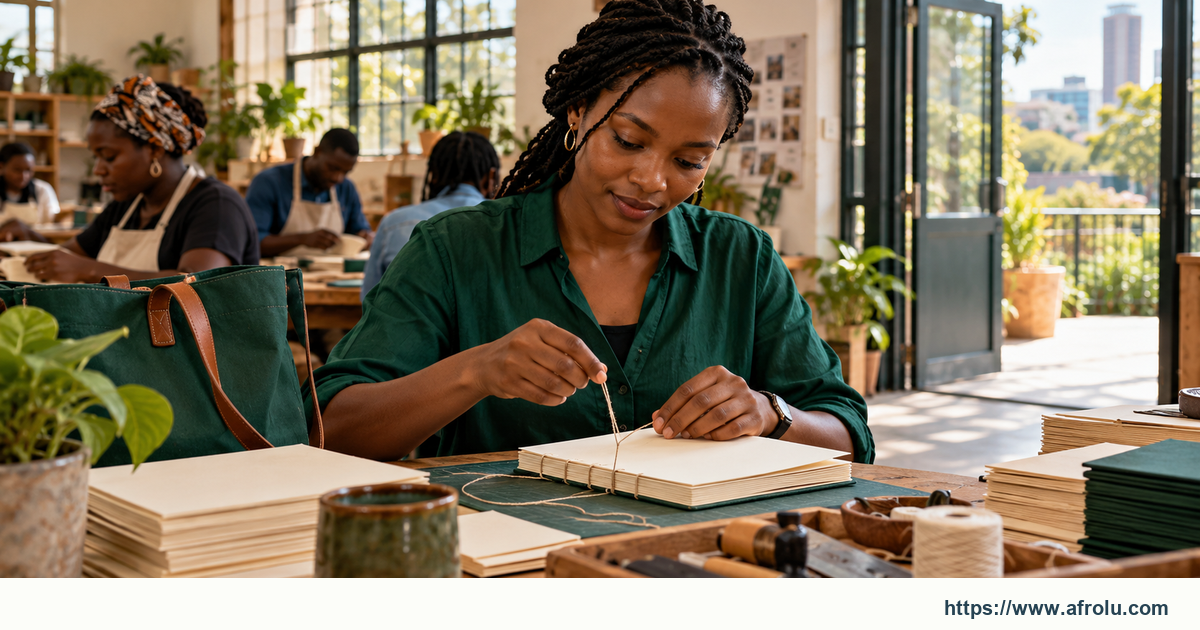 An adult binding a blank notebook in a daylight public bookbinding workshop.
