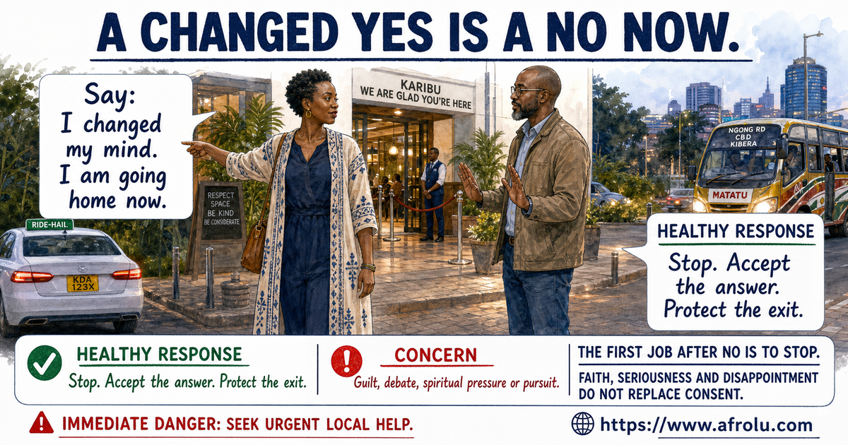 Adult consent conversation card showing a clear changed boundary, a respectful response and an independent Nairobi journey home.