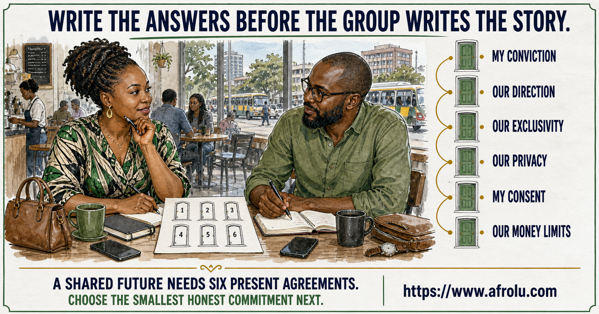 Two adults in a staffed Nairobi cafe writing six relationship agreements about faith, direction, exclusivity, privacy, consent and money.