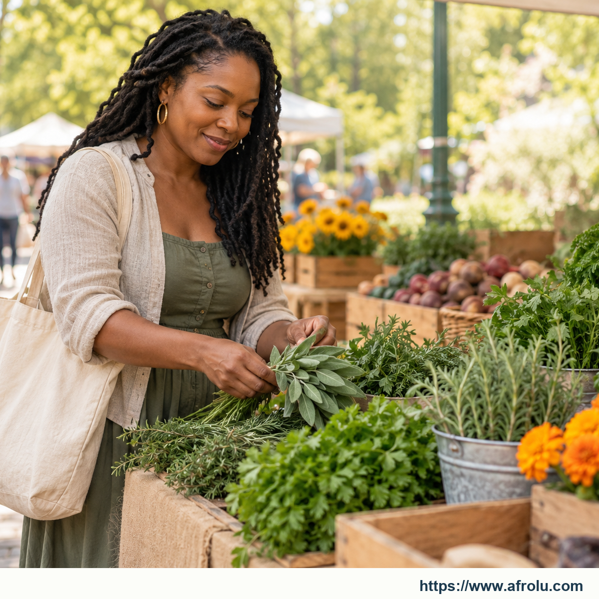 An adult arranging herbs at a daylight community food-cooperative stall, with a public path and independent bag visible.