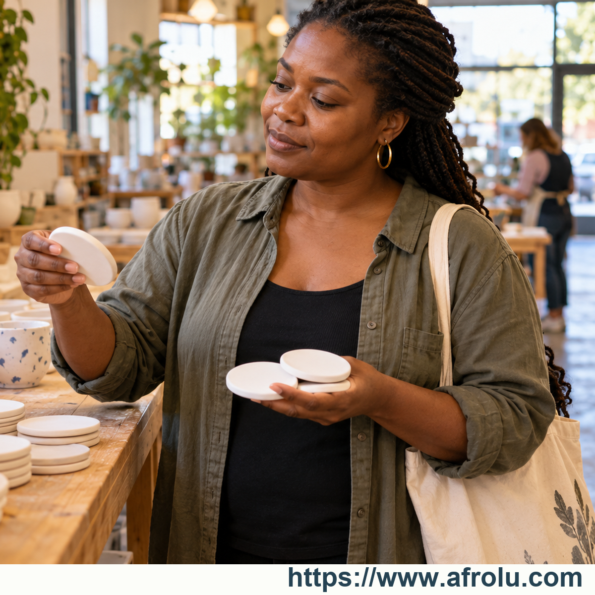 An adult woman handles a small ceramic piece in a bright public studio.