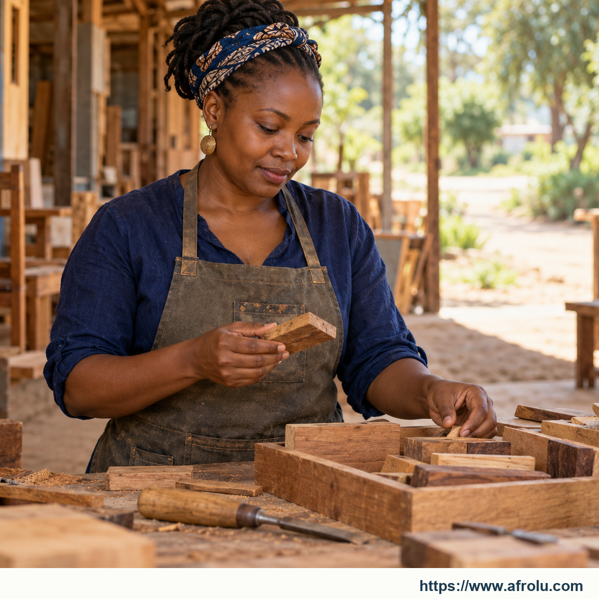 A mature adult selecting wooden pieces at a daylight Nairobi community furniture-repair workshop, with an independent route visible.