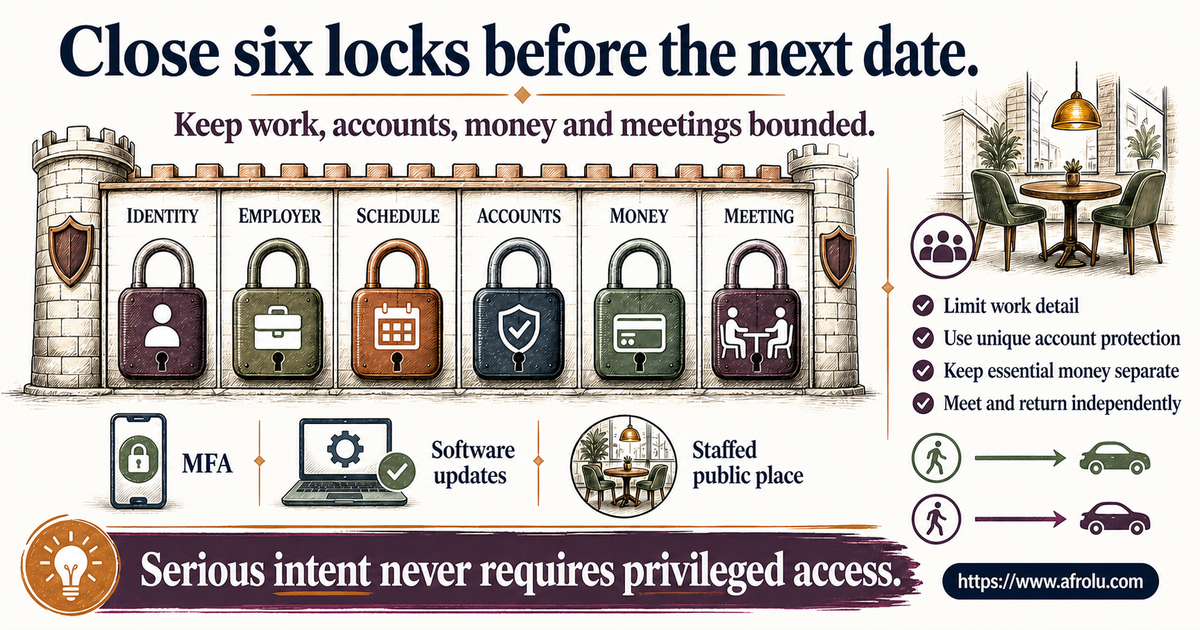Six-lock career privacy firewall covering identity employer schedule accounts money public meetings and support
