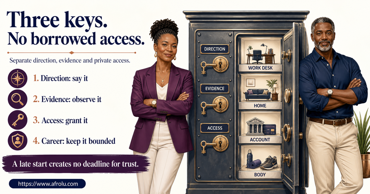 Fictional later-starting daters Lerato age 44 and Elias age 47 holding separate keys for direction evidence and access beside a protected career vault