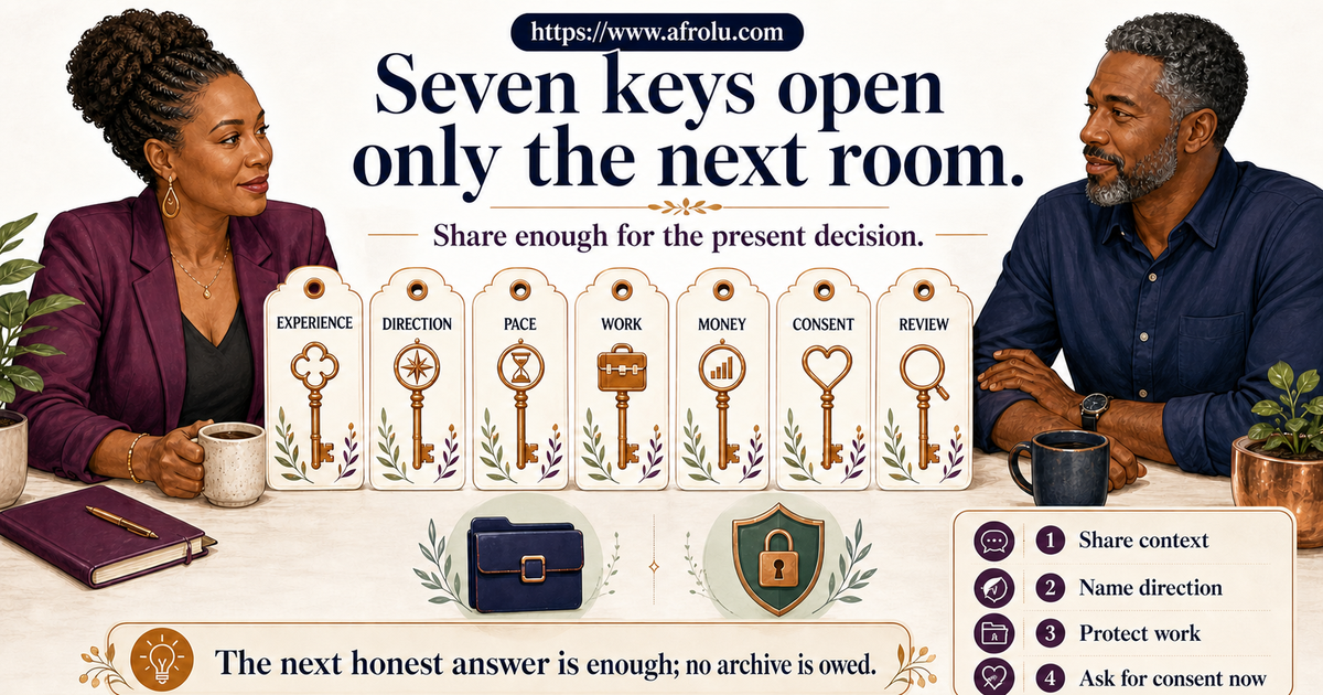 Seven large key-shaped conversation cards for experience serious direction pace career privacy money consent and review