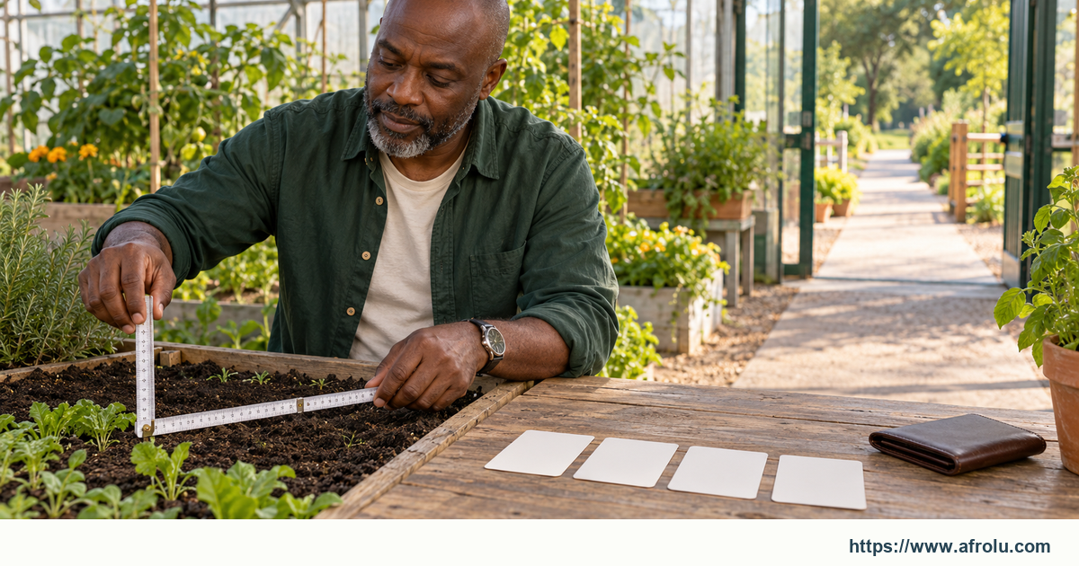 An adult measures a public greenhouse plot beside blank route cards and a closed wallet.