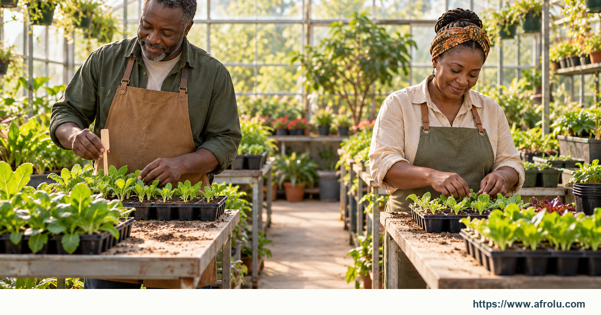 Two adults arranging separate seedling trays across a public greenhouse worktable.