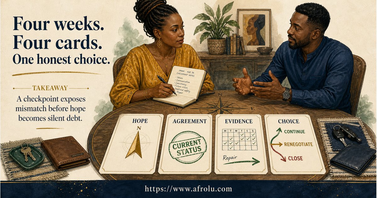 Four-week checkpoint for adults reviewing future direction, casual agreement, conduct and next choice