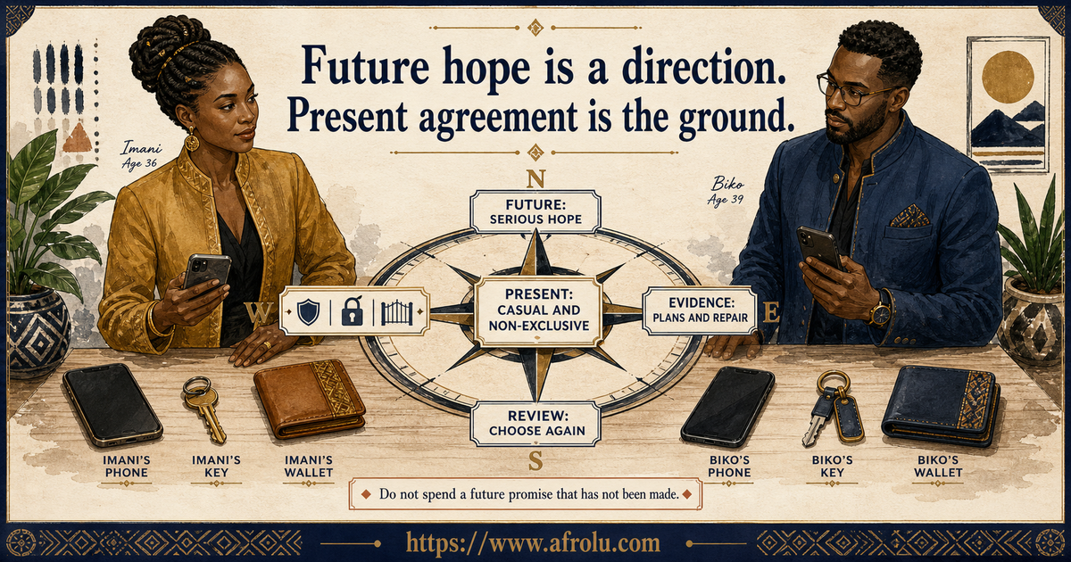 Made-up adults Imani age 36 and Biko age 39 separating serious future hope from their casual present agreement