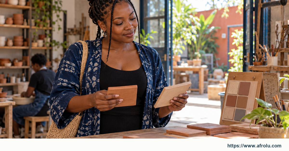 An adult selecting plain clay tiles at a bright public Nairobi pottery studio.