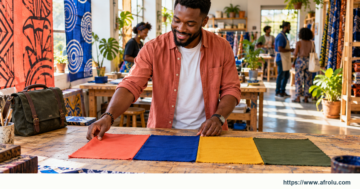 An adult aligns plain colour swatches in a daylight public textile-printing studio.
