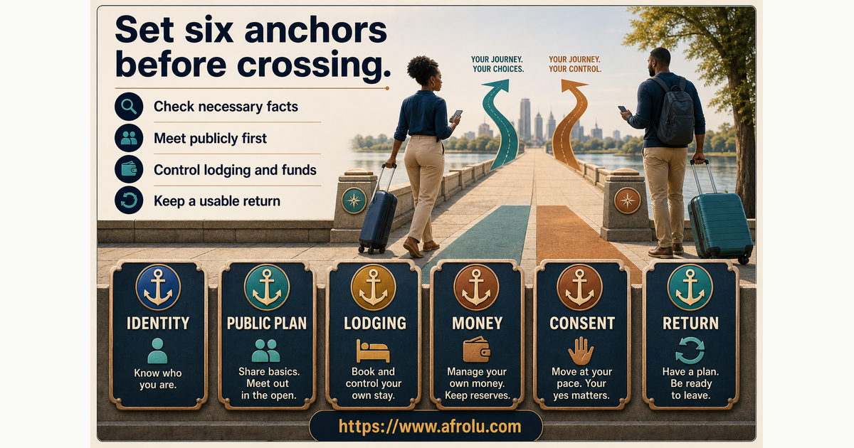 Six-anchor first long-distance visit check covering identity public plan lodging money consent and return