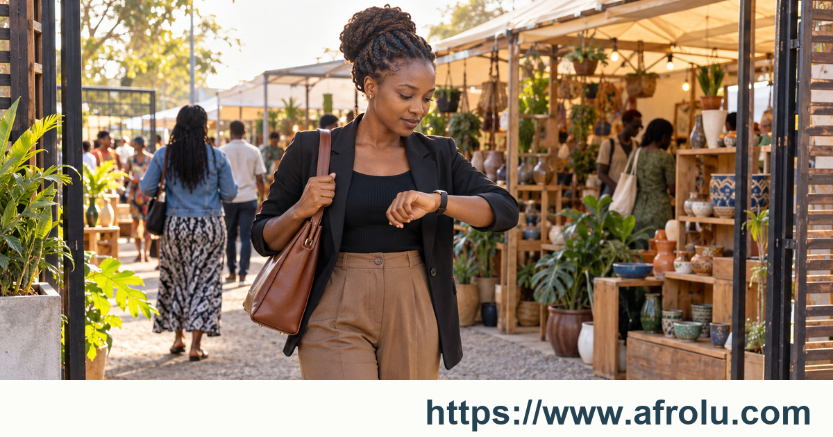 An adult woman checks her watch at an open-air public market while carrying her own satchel; the scene shows a short meeting away from work.