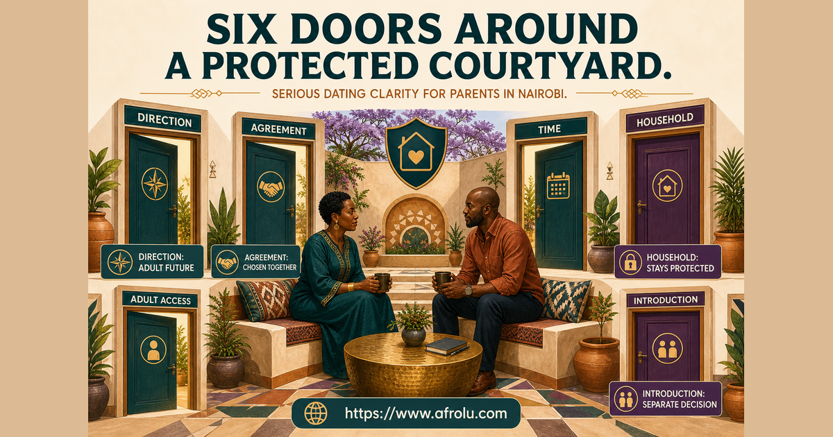 Fictional Nairobi parents Njeri age 37 and Baraka age 41 standing in a courtyard with six separate doors for direction agreement time household access and introduction