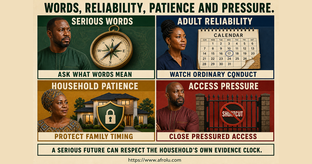 Four-quadrant parent dating board comparing serious words adult reliability household patience and access pressure