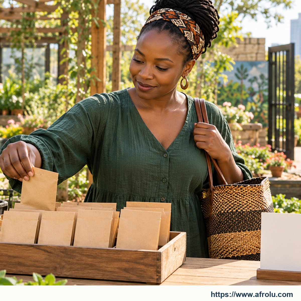 An adult selects one seed packet at a daylight public Nairobi urban-garden workshop.