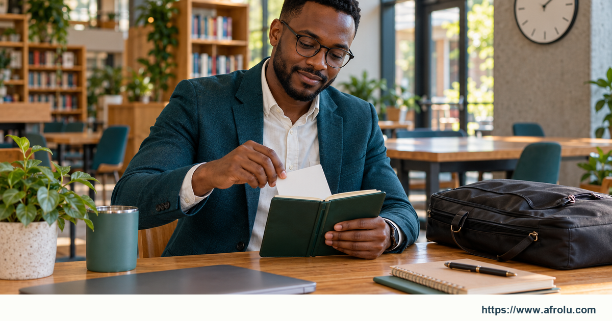An adult placing a blank meeting card into a notebook in a public library maker space.