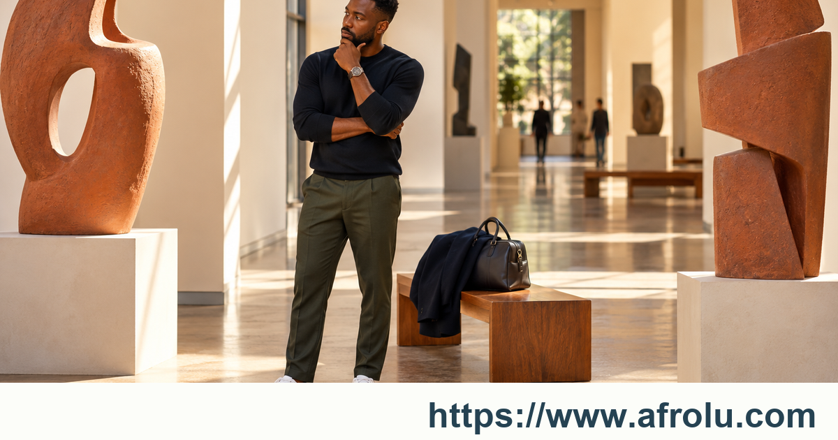 An adult man considers sculpture in a public gallery with his own coat and bag nearby; the image shows one adult outing without showing a home, child, or partner.