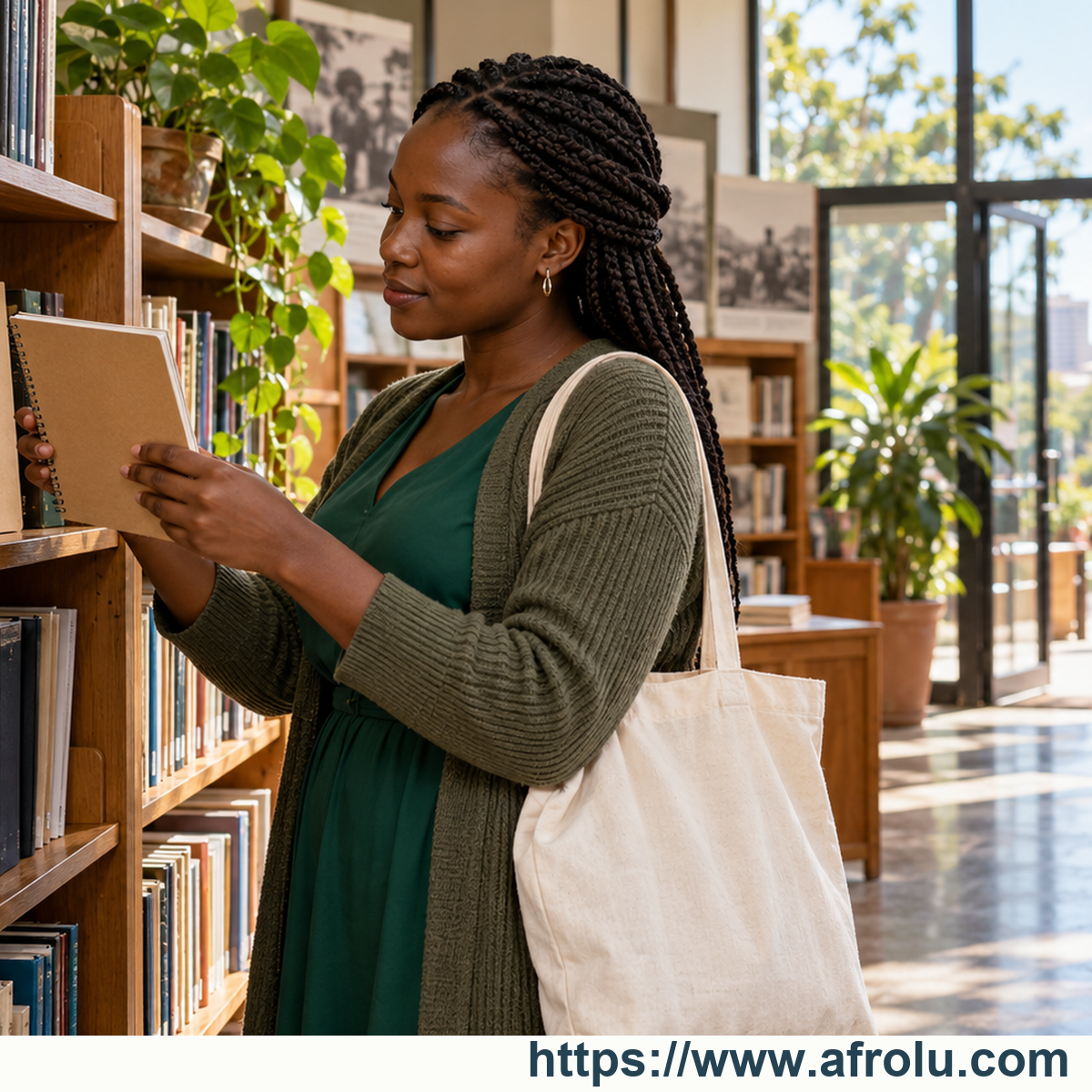 An adult woman chooses a book in a bright public reading space with city buildings outside.