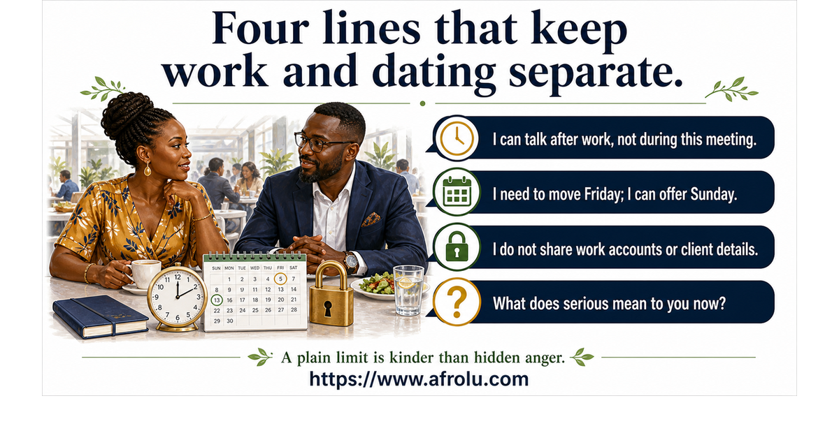 Four work and dating lines for Abena age 35 and Kofi age 40 about time, a moved date, private accounts, and clear intent