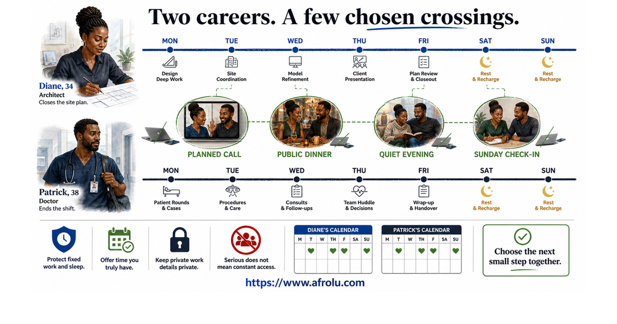 Workweek weave for two dating adults aged 34 and 38, with separate careers and chosen points for calls, dates, rest, and a check-in
