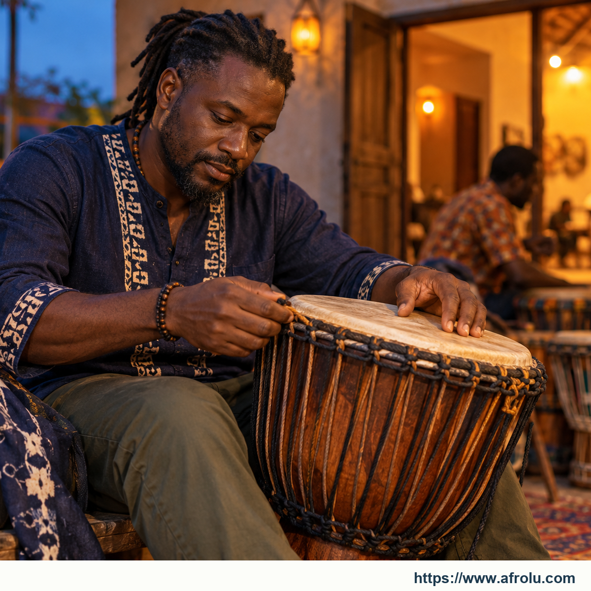 An adult tuning a hand drum at an early-evening public community rehearsal, with an independent bag and open exit visible.