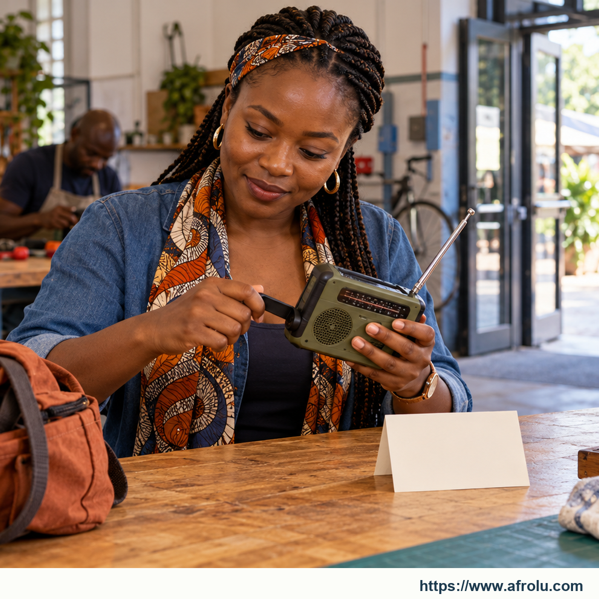 An adult tests a hand-crank radio beside a blank weekend card at a public repair café.