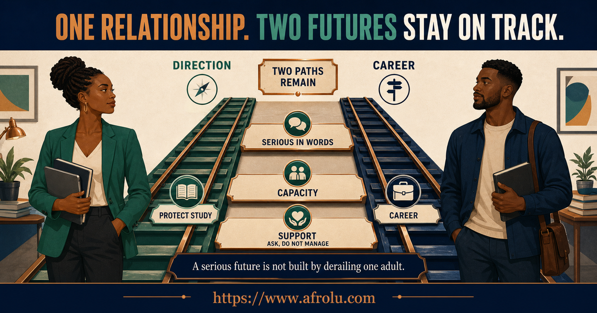 Fictional adult students Njeri age 27 and Malik age 30 planning a serious relationship on two equal education and career tracks