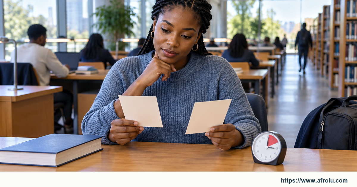 An adult student compares two blank route cards beside a closed textbook in a public reading room.