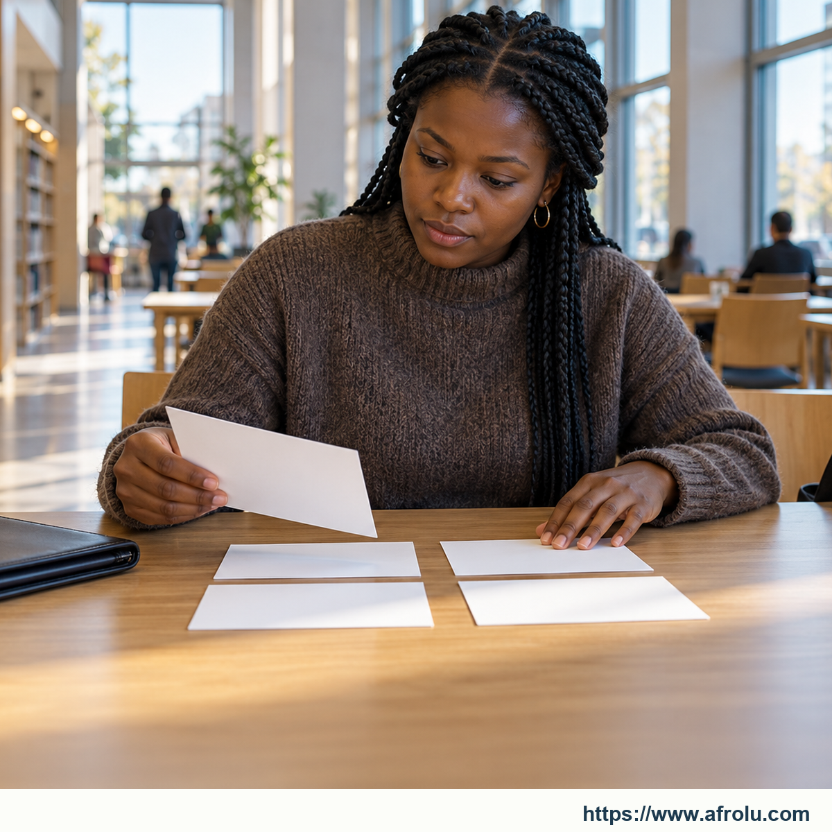 An adult student sorts blank project cards in a daylight public design library.
