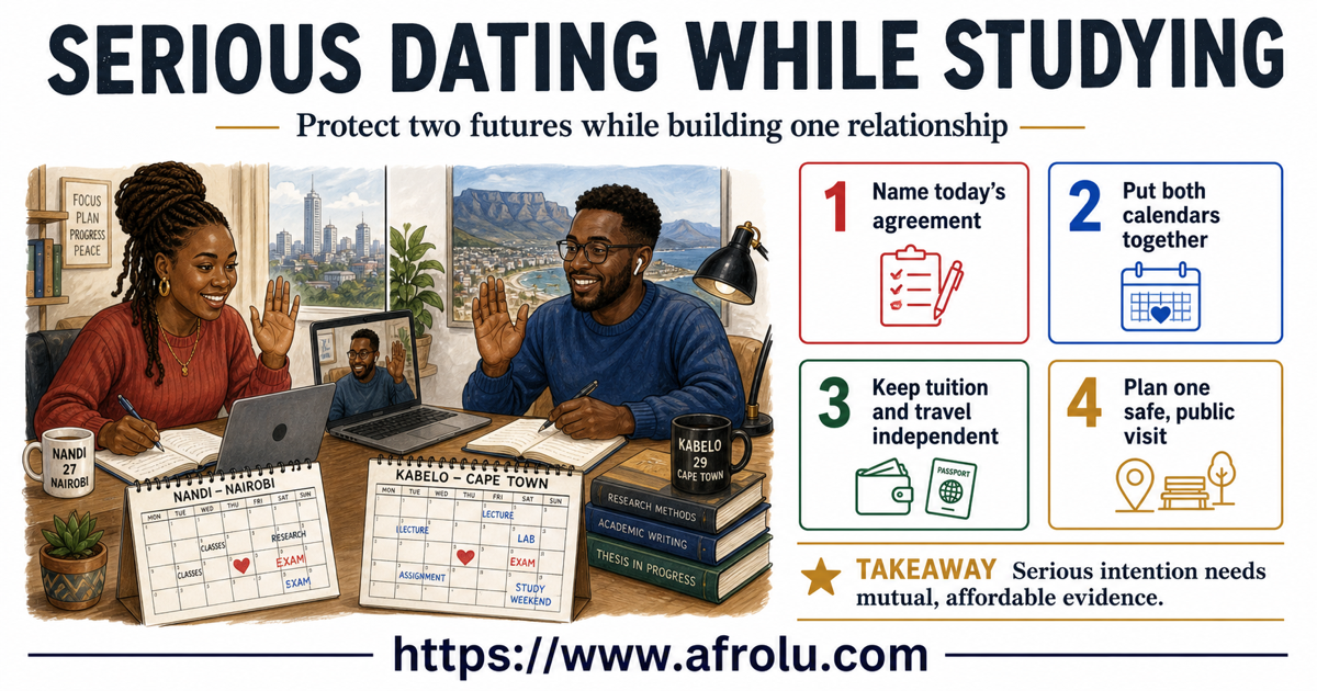 Two adult postgraduate students in Nairobi and Cape Town use separate calendars to name their agreement, protect tuition and travel, and plan one safe public visit.