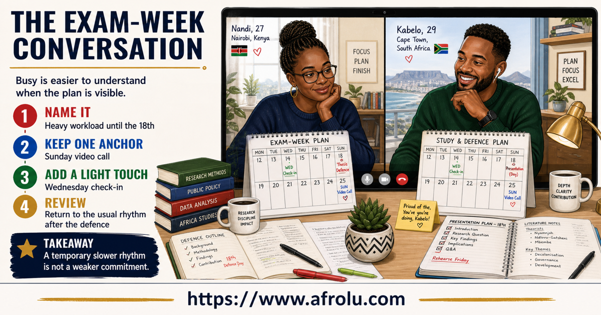Nandi and Kabelo, adult postgraduate students aged 27 and 29, name an exam deadline, keep one Sunday call, add a Wednesday check-in, and review the rhythm after the defence.