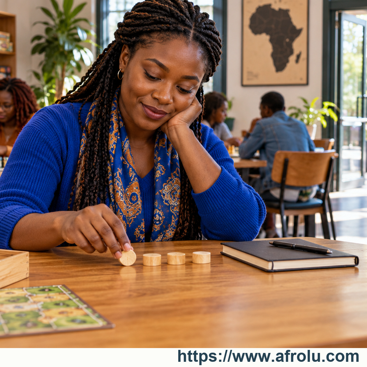 An adult woman moves a piece on a board game at a public workshop.