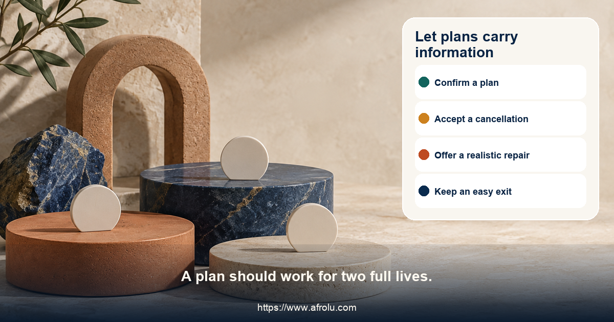 Editorial still life of three balanced clay discs, a small open arch, and separate blank markers on warm stone, without status or workplace cues.