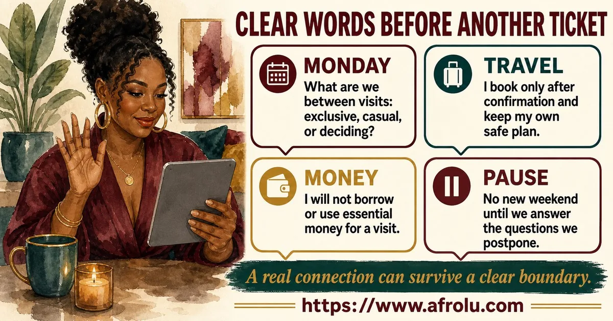 A mature woman uses four scripts to define the relationship between visits, confirm independent travel, protect essential money, and pause another weekend until clarity.