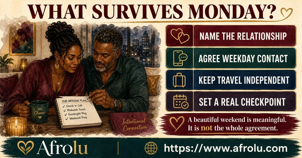 Two mature adults review four foundations beyond a warm reunion: relationship scope, weekday contact, independent travel, and a real future checkpoint.