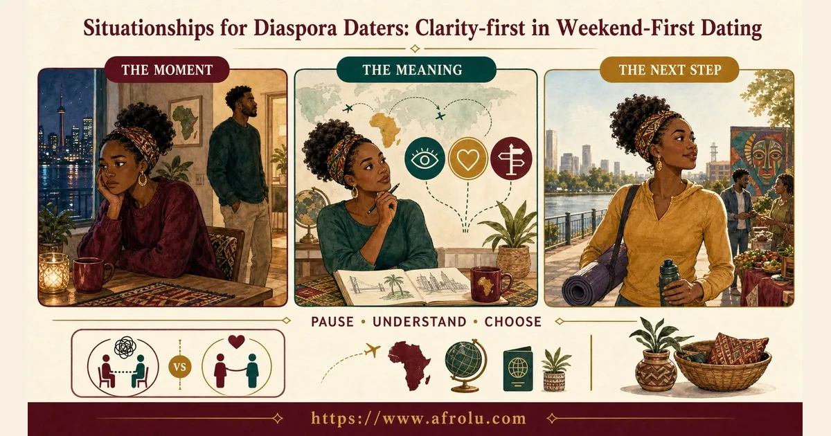 An adult diaspora dater moves from reunion uncertainty through reflection about love and direction to a grounded independent next step.