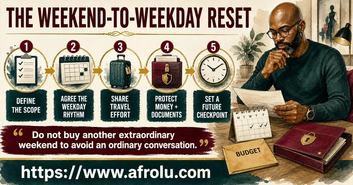 A mature man checks relationship scope, weekday rhythm, shared travel effort, protected money and documents, and a future checkpoint.