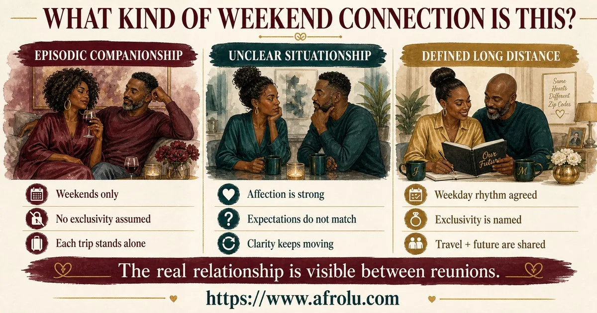 Three adult-only columns compare weekends-only companionship, strong affection with mismatched expectations, and a defined relationship with weekday rhythm, exclusivity, travel and future planning.