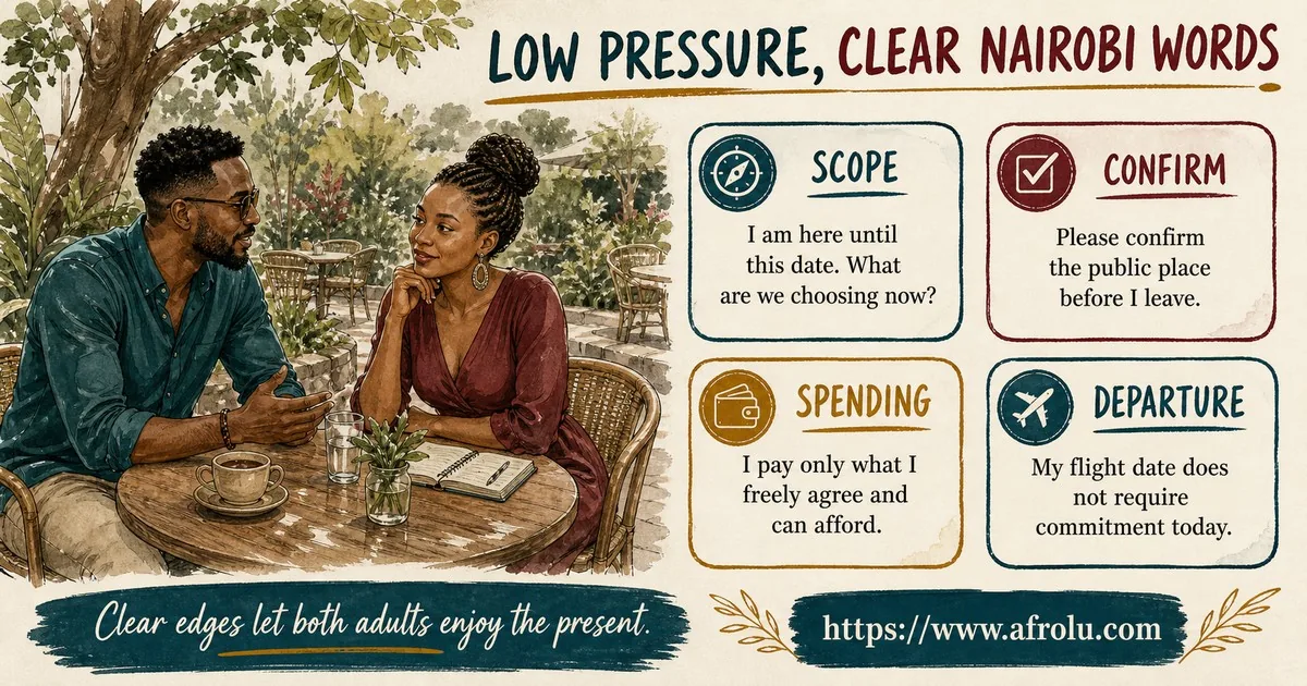 Four scripts help adults name the visit scope, confirm a public place, set spending limits, and reject departure-date pressure.