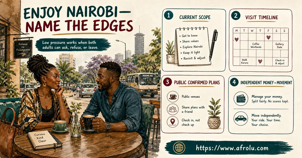 Two adults define the current scope, visit timeline, confirmed public plans, and independent money and movement for a low-pressure Nairobi connection.