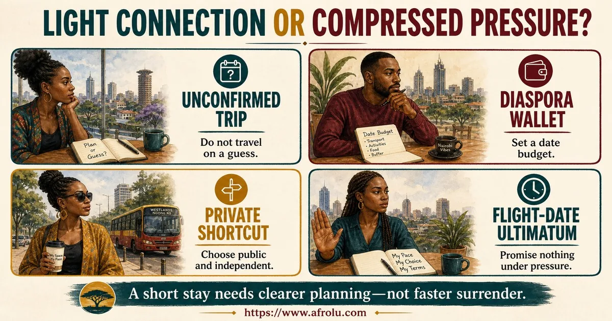 Four cards show an unconfirmed trip, diaspora-income assumptions, a private shortcut, and a flight-date ultimatum.