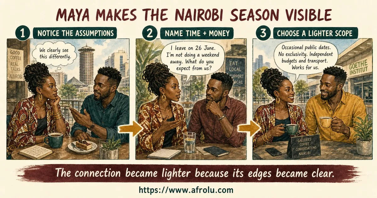 Maya notices different assumptions, names her departure timeline and money boundary, and agrees to occasional public dates with independent budgets and transport.